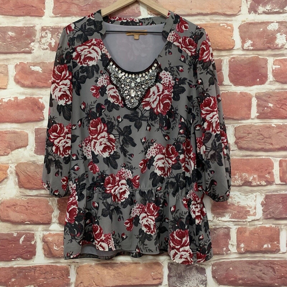 Ellen Tracy Top Women's XL Gray Multicolor Floral Jeweled Neck Pullover Blouse